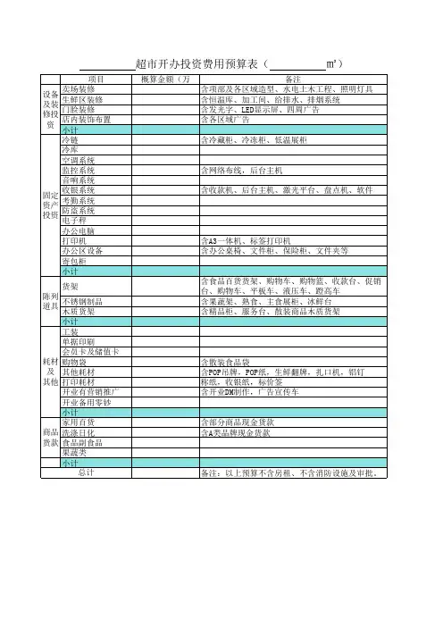 超市开办投资费用预算表