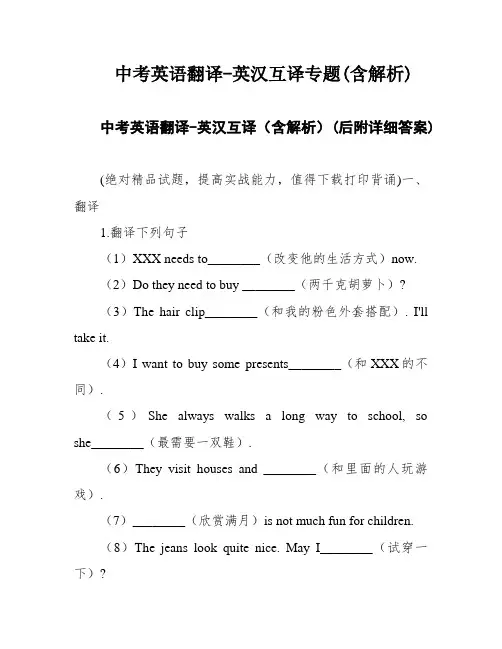 中考英语翻译-英汉互译专题(含解析)