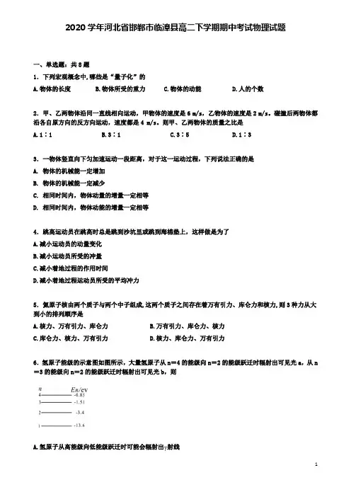 临漳2020高二物理下学期期中试卷