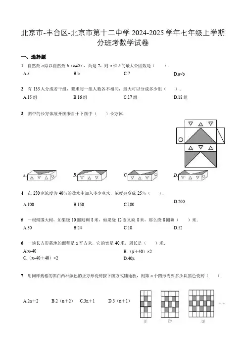 北京市-丰台区-北京市第十二中学2024-2025学年七年级上学期分班考数学试卷