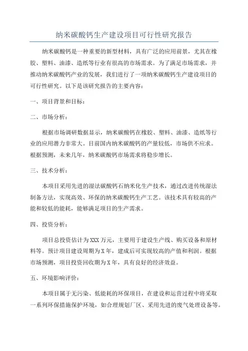 纳米碳酸钙生产建设项目可行性研究报告