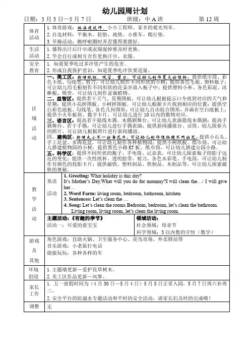 幼儿园中班班级周计划第12周