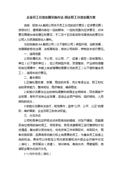 企业员工分流安置实施办法-国企职工分流安置方案