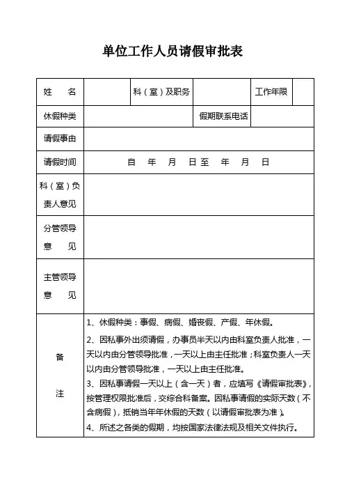 单位工作人员请假审批表