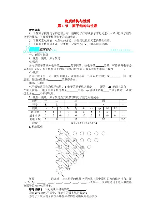 高考化学一轮复习 物质结构与性质第1节原子结构与性质考纲点击教学案