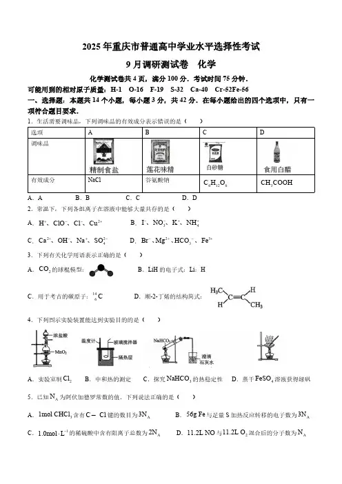 重庆市2024-2025学年普通高中学业水平选择性考试 9 月调研测试化学试卷(含解析)