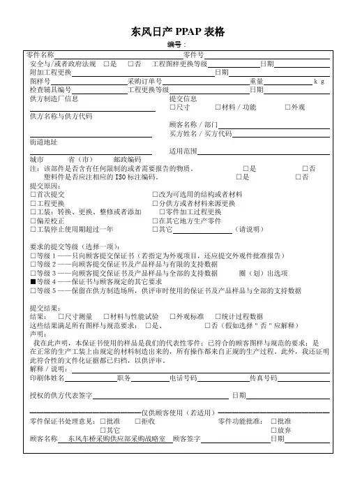 东风日产PPAP表格