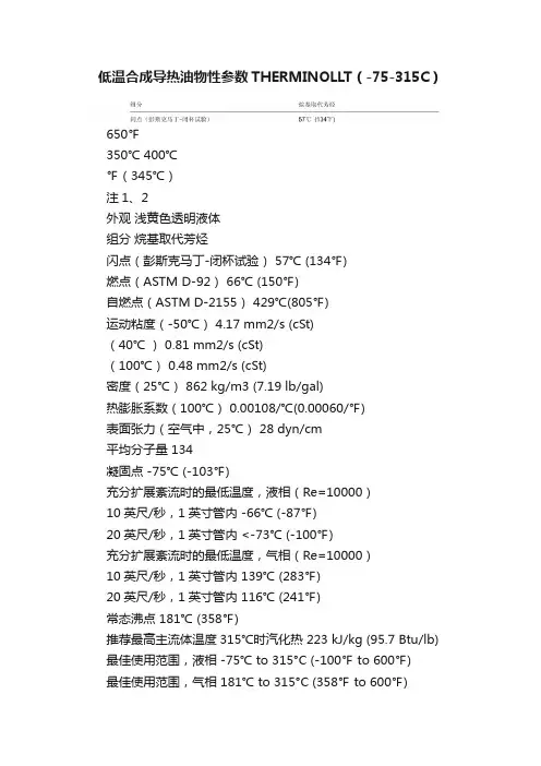 低温合成导热油物性参数THERMINOLLT（-75-315C）