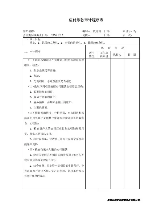 430应付账款审计程序表及审定表