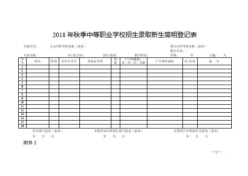 最新 2018年中等职业学校录取新生简明登记表