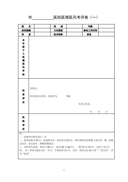 医院年度医德医风考评登记表
