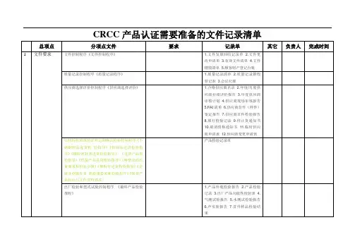 CRCC产品认证需要准备的文件记录清单(编)