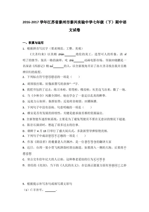 江苏省泰州市泰兴实验中学2016-2017学年七年级(下)期中语文试卷(解析版)
