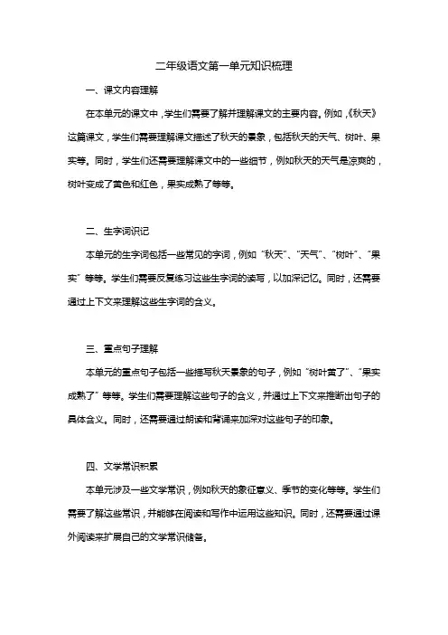 二年级语文第一单元知识梳理
