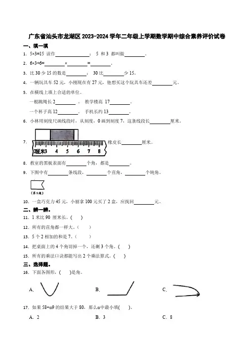 广东省汕头市龙湖区2023-2024学年二年级上学期数学期中综合素养评价试卷