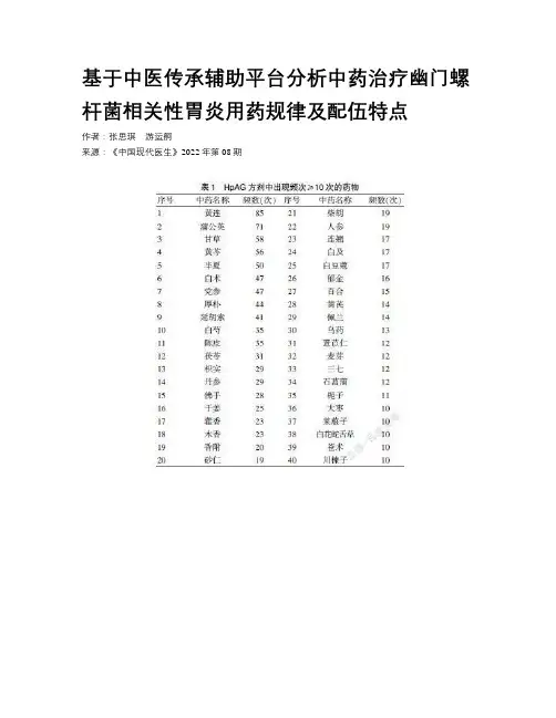 基于中医传承辅助平台分析中药治疗幽门螺杆菌相关性胃炎用药规律及配伍特点