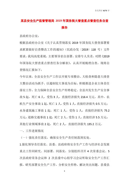 某县安全生产监督管理局 2019年国务院大督查重点督查任务自查报告
