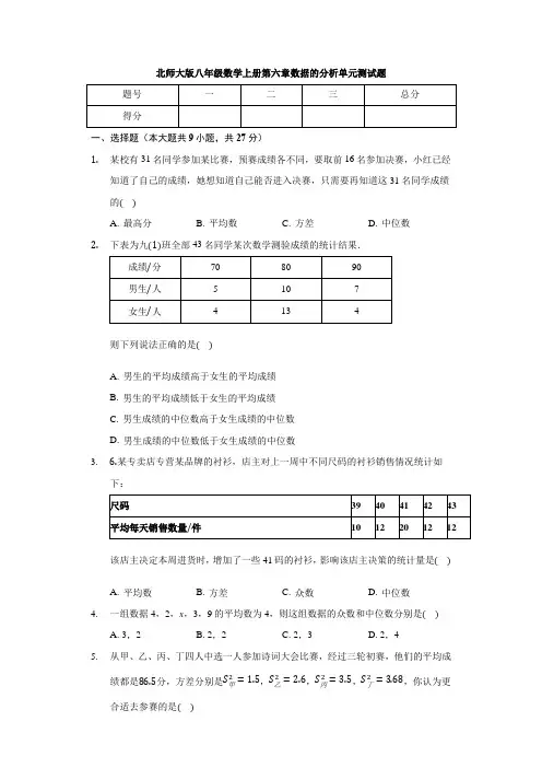 北师大版八年级数学上册 第六章 数据的分析 单元测试题 