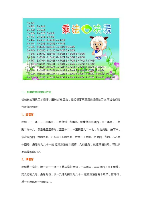 小学数学九九乘法表