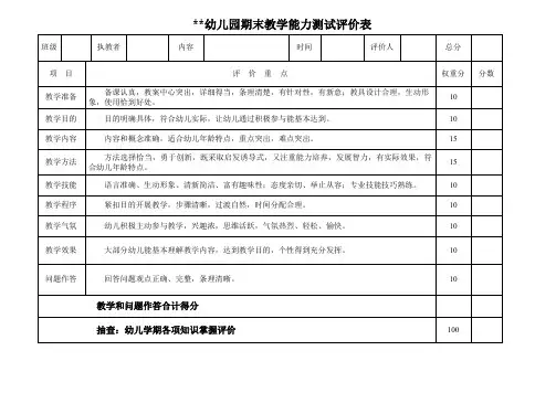 幼儿园期末教学能力测试评价表