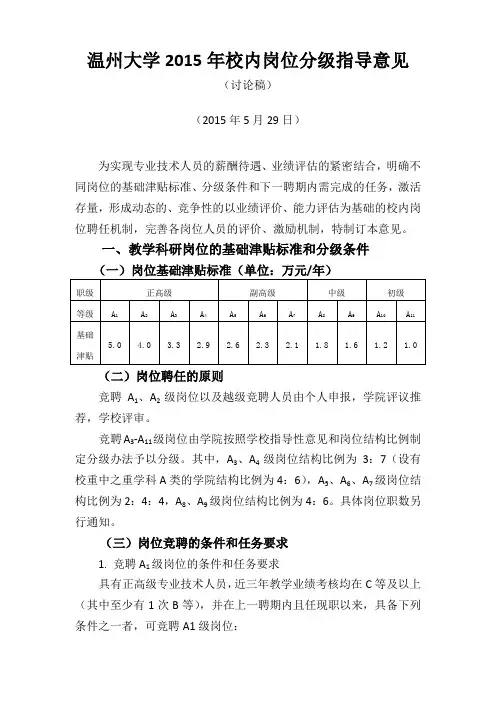 温州大学2015年校内岗位分级指导意见
