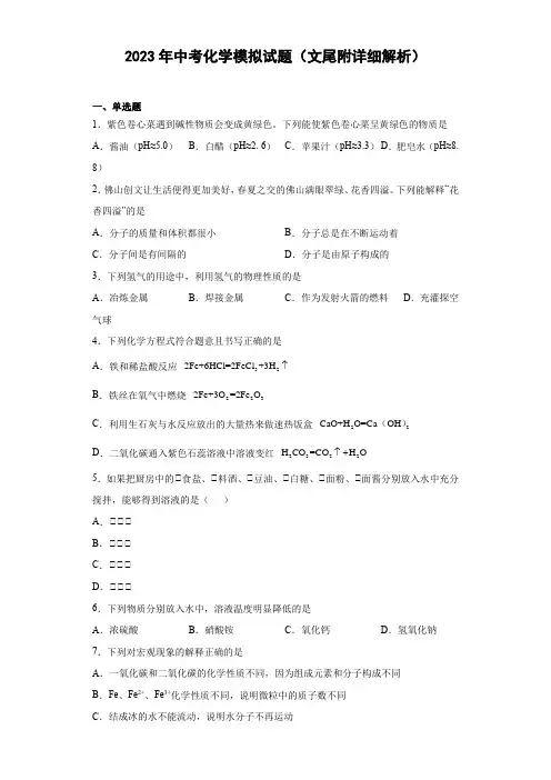 2023年中考化学模拟试题(文尾附详细解析)