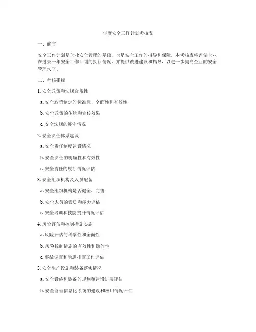 年度安全工作计划考核表
