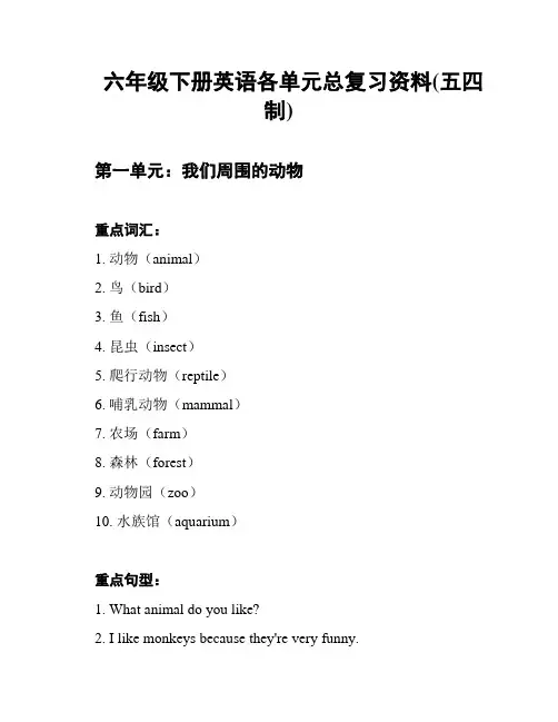 六年级下册英语各单元总复习资料(五四制)