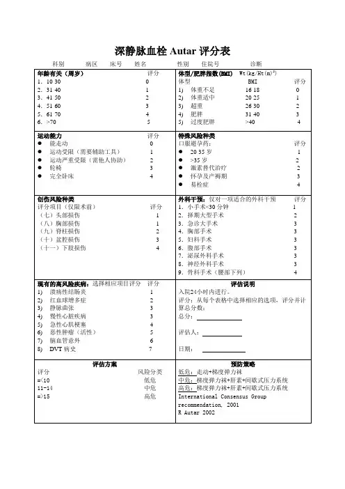 深静脉血栓Autar评分表