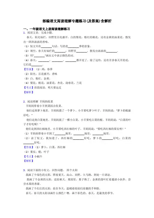 一年级部编语文阅读理解专题练习(及答案)含解析