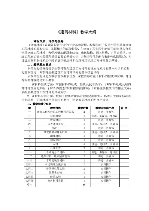 《建筑材料》教学大纲
