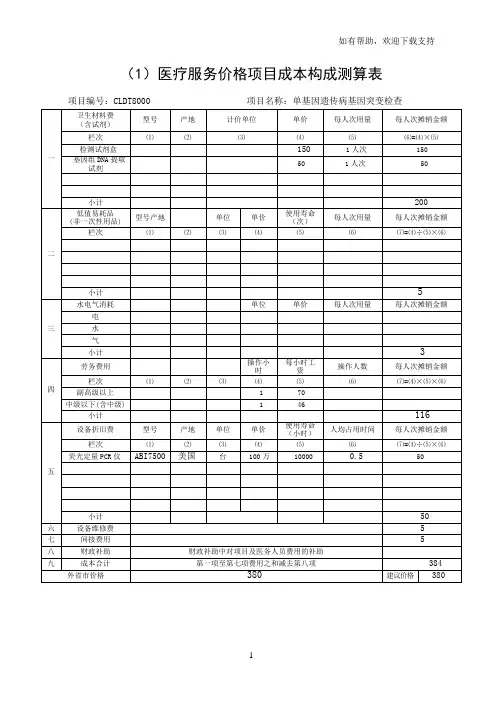 医疗服务价格项目成本构成测算表