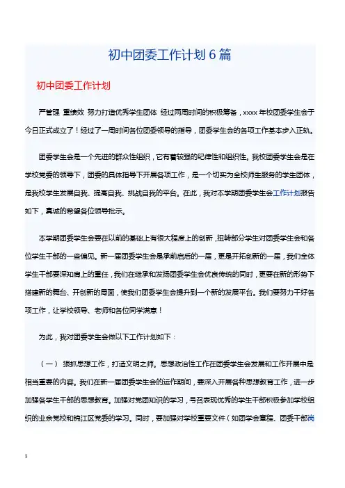 初中团委工作计划6篇