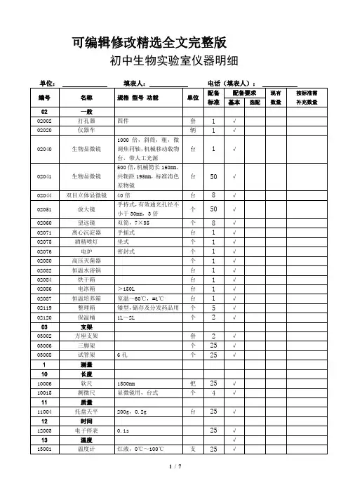 初中生物实验室仪器明细 (2)精选全文
