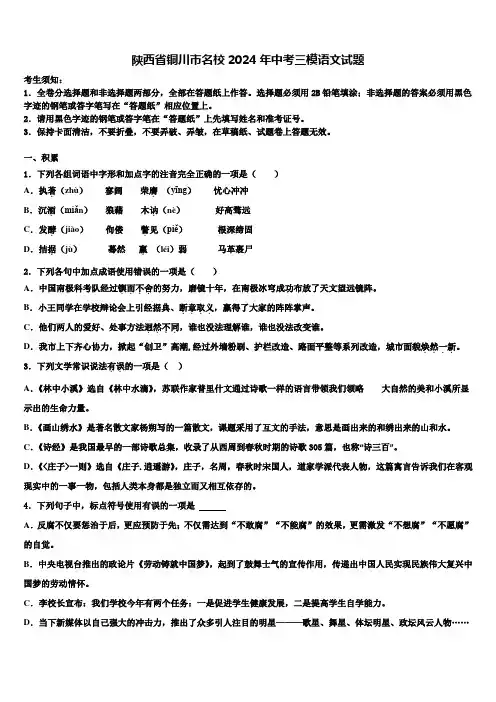陕西省铜川市名校2024年中考三模语文试题含解析