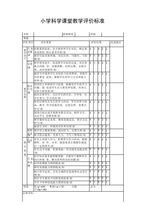 小学科学课堂评分标准
