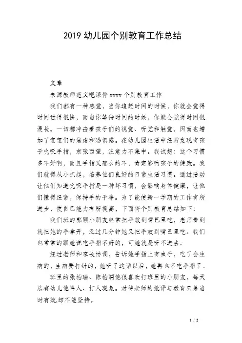 2019幼儿园个别教育工作总结