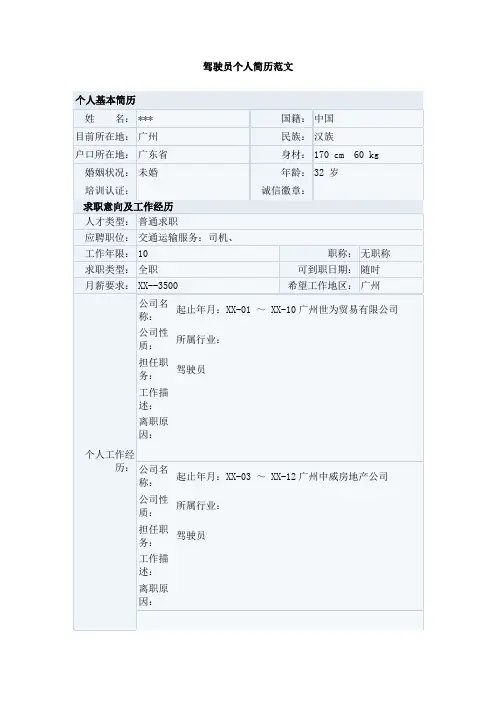 驾驶员个人简历范文