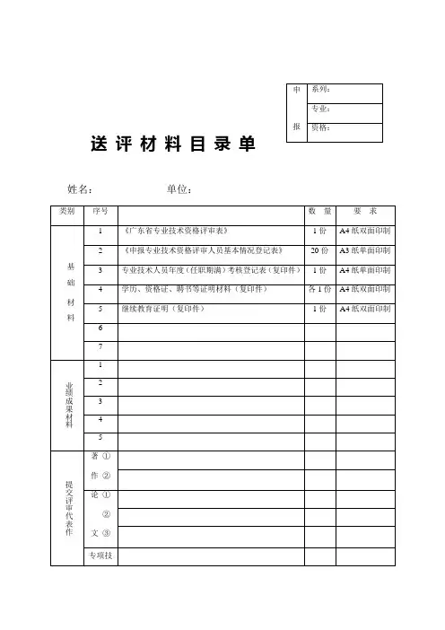 系列送评材料目录单