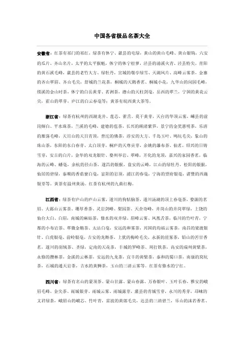 中国各省极品名茶大全