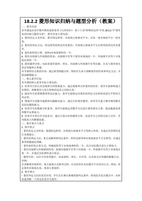 18.2.2菱形知识归纳与题型分析(教案)