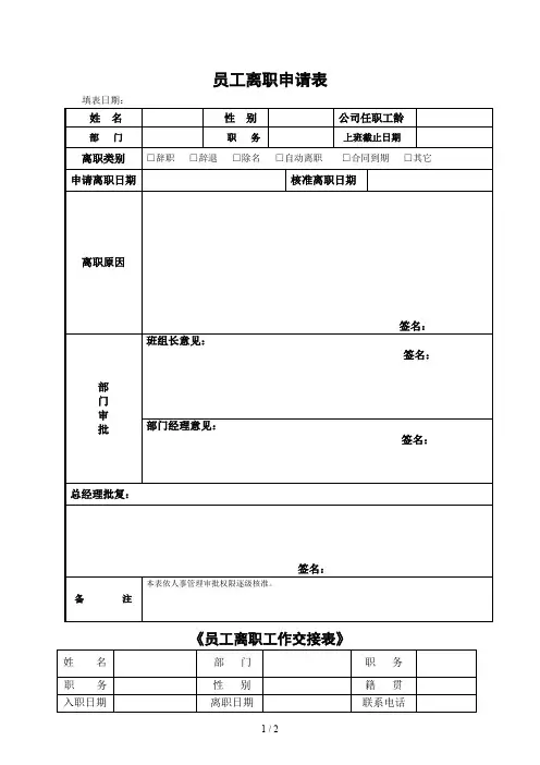 公司员工离职申请表