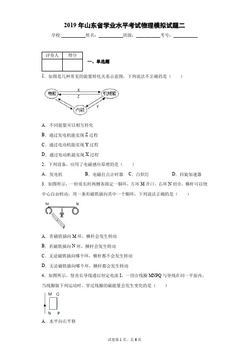 2019年山东省学业水平考试物理模拟试题二(含答案解析)