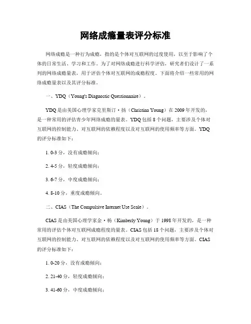 网络成瘾量表评分标准