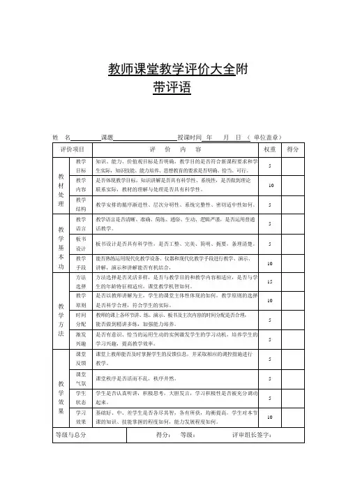 教师课堂教学评价大全(附带评语)(可编辑修改word版)
