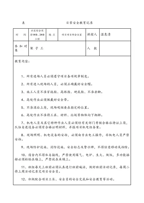 建筑工地安全资料日常安全教育记录检查