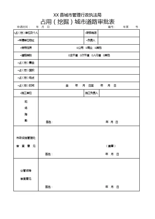 XX县城市管理行政执法局占用(挖掘)城市道路审批表【模板】