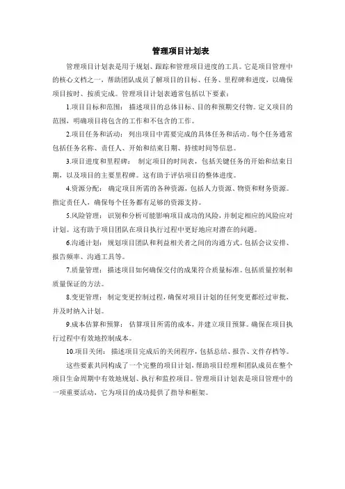 管理项目计划表