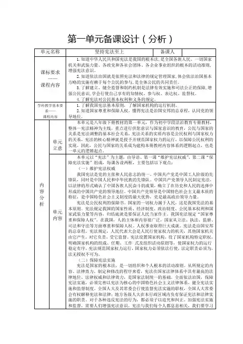 第一单元坚持宪法至上备课分析-2021-2022学年部编版道德与法治八年级下册