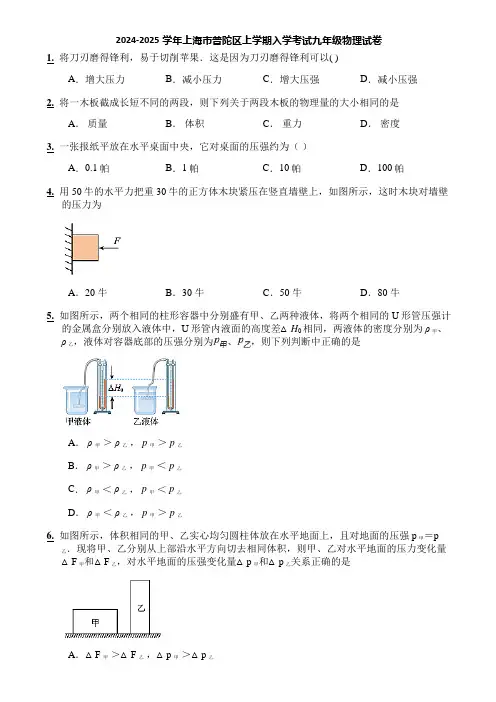 2024-2025学年上海市普陀区上学期入学考试九年级物理试卷